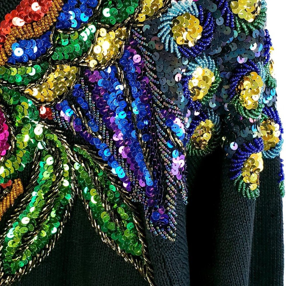 Vtg Lindsey Blake Sweater Women's S Black Multicolor Sequins Beads Wearable Art - Picture 8 of 11